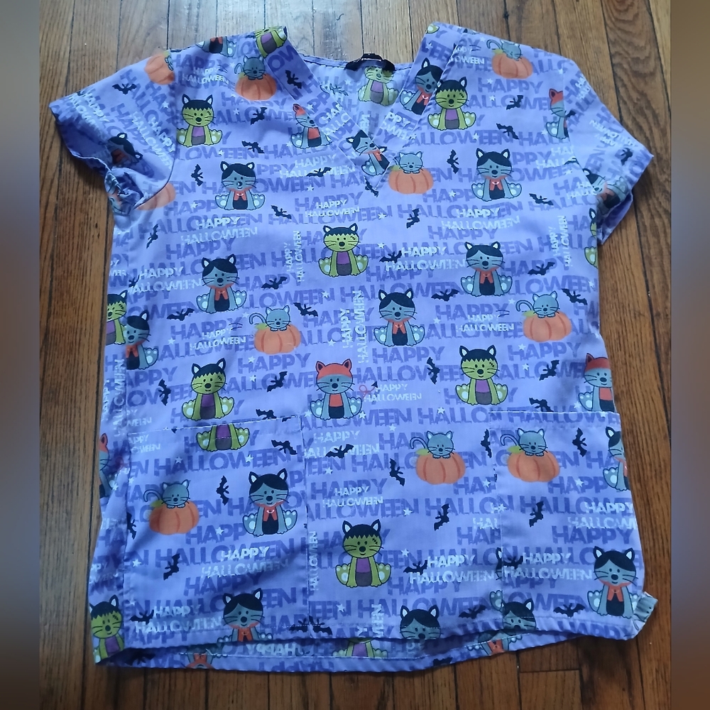 Cassandra O - Womens Purple w/Colorful Halloween Pattern Medical Small Scrub Top